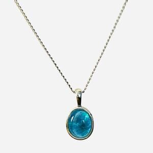 Blue Faux Opal Moonglow Small Oval Pendant Silver Tone Necklace